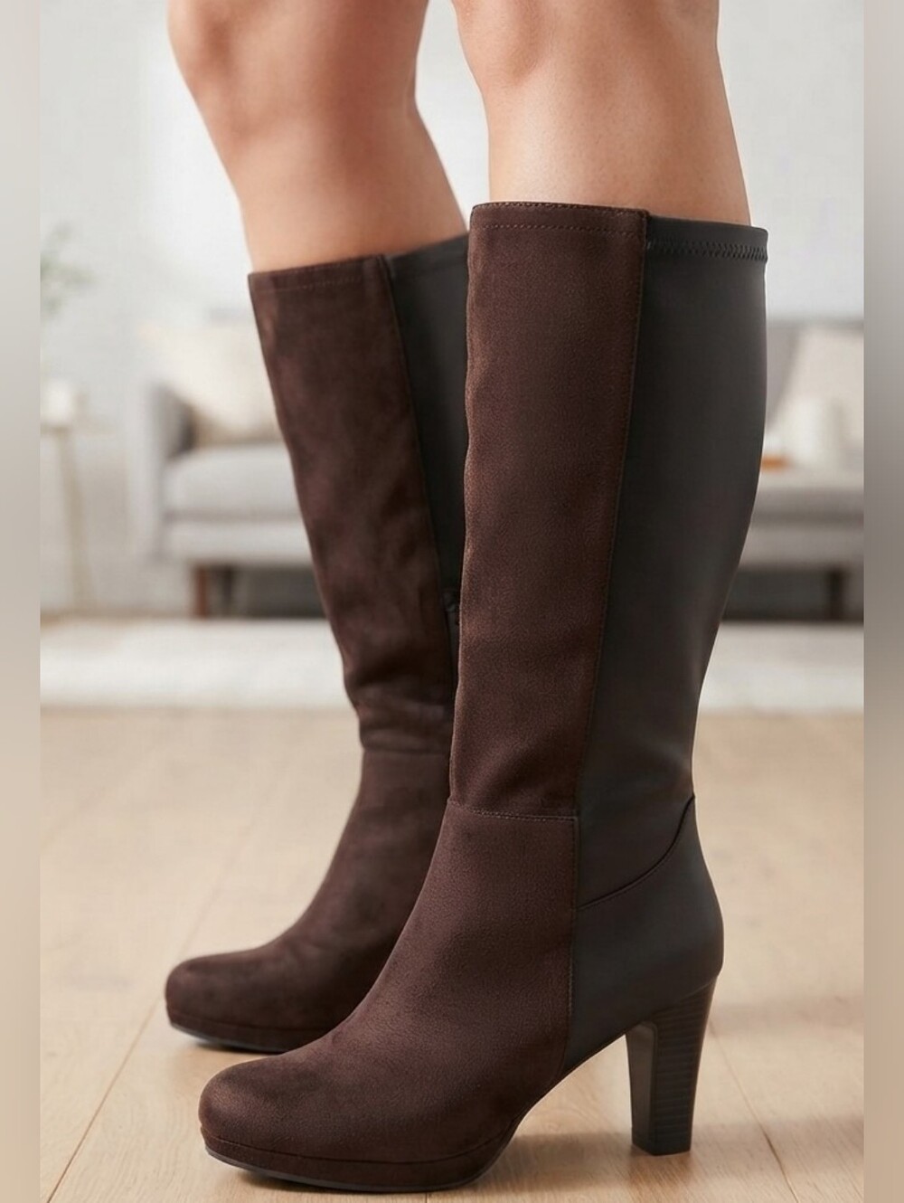 NWT Lane Bryant Two-Tone Wide-Calf Heeled Boots Brown Faux Suede Size 9